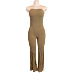 Y2K Strapless Ribbed Flare Jumpsuit Womens Small Tan Bodycon Tube Romper NWT